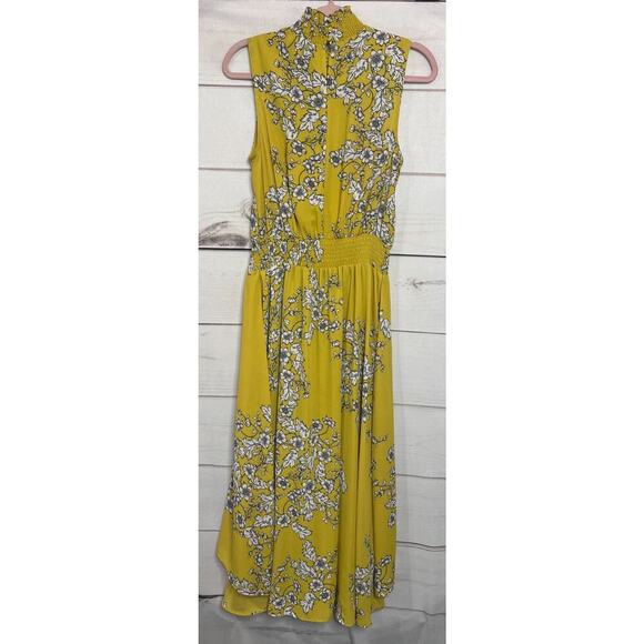 Nanette Nanette Lepore Size 6 Yellow Floral Midi Dress Ruffle High Neck Collar - Picture 2 of 5